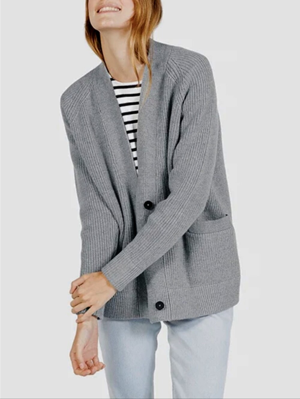 Everlane The Chunky Wool Cardigan Sz L Grey V-Neck Button Front Patch Pockets